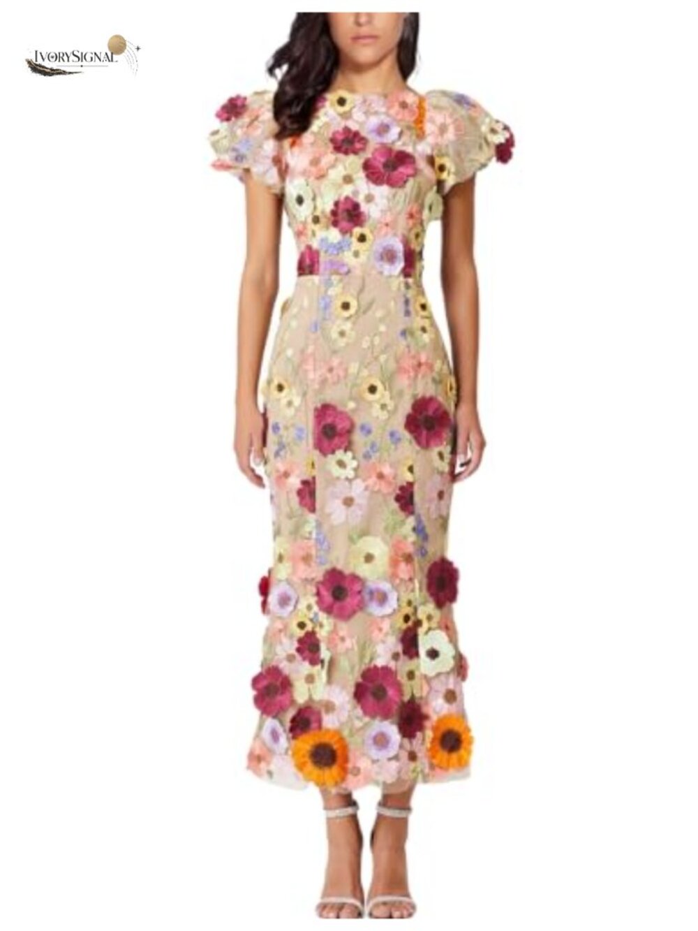 3D Floral Embroidery Bodycon Fishtail Mini Dress Ruffle Puff Sleeve Cocktail